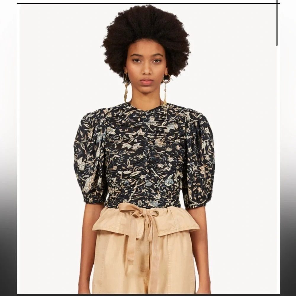 Ulla Johnson Naya Puff sleeve top back zip blouse 6 rain forest